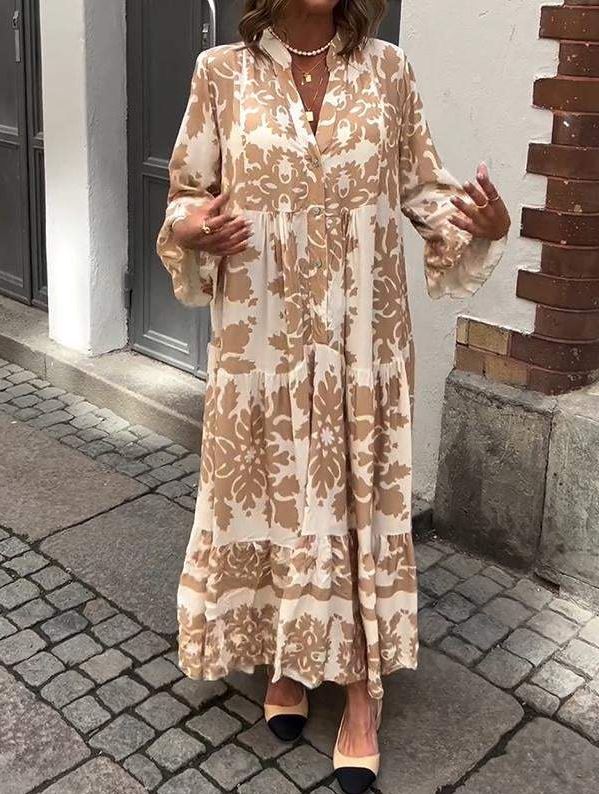 VESTIDO MAXI CON ESCONTE EN V Y MANGA 3/4