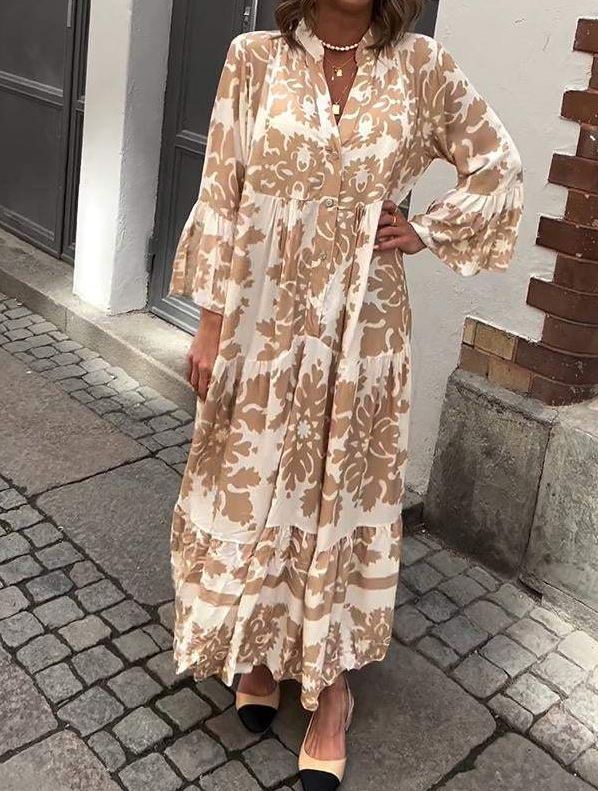 VESTIDO MAXI CON ESCONTE EN V Y MANGA 3/4