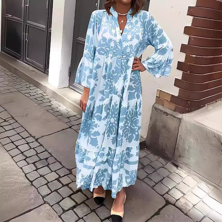 VESTIDO MAXI CON ESCONTE EN V Y MANGA 3/4