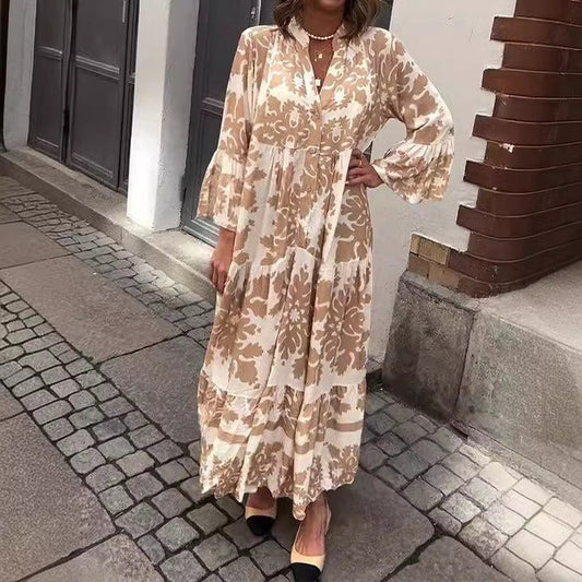 VESTIDO MAXI CON ESCONTE EN  V  Y MANGA 3/4